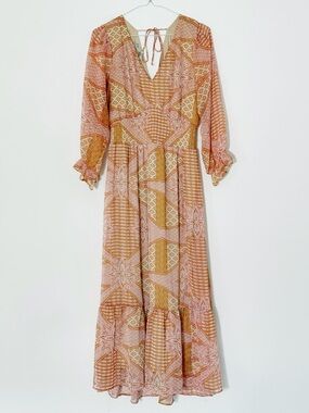 Dex Woman Pink Gold Chiffon V-Neck Smocked Waist Puff Ruffle Maxi Dress MEDIUM